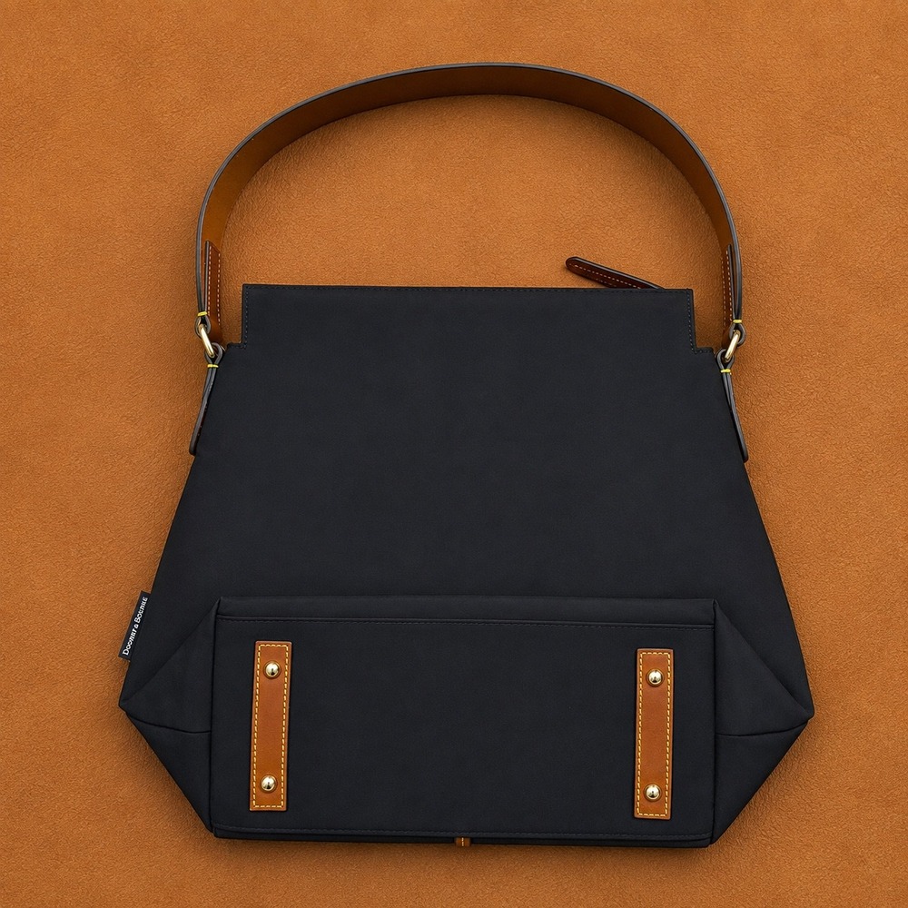 Dooney & Bourke Black Nylon Tan Leather Trim Gold Shoulder Bag Purse Pockets - Picture 13 of 16